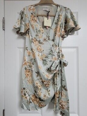 Dress Forum Los Angeles NWT Satin Sage Green Floral Wrap Mini Dress Size Small.